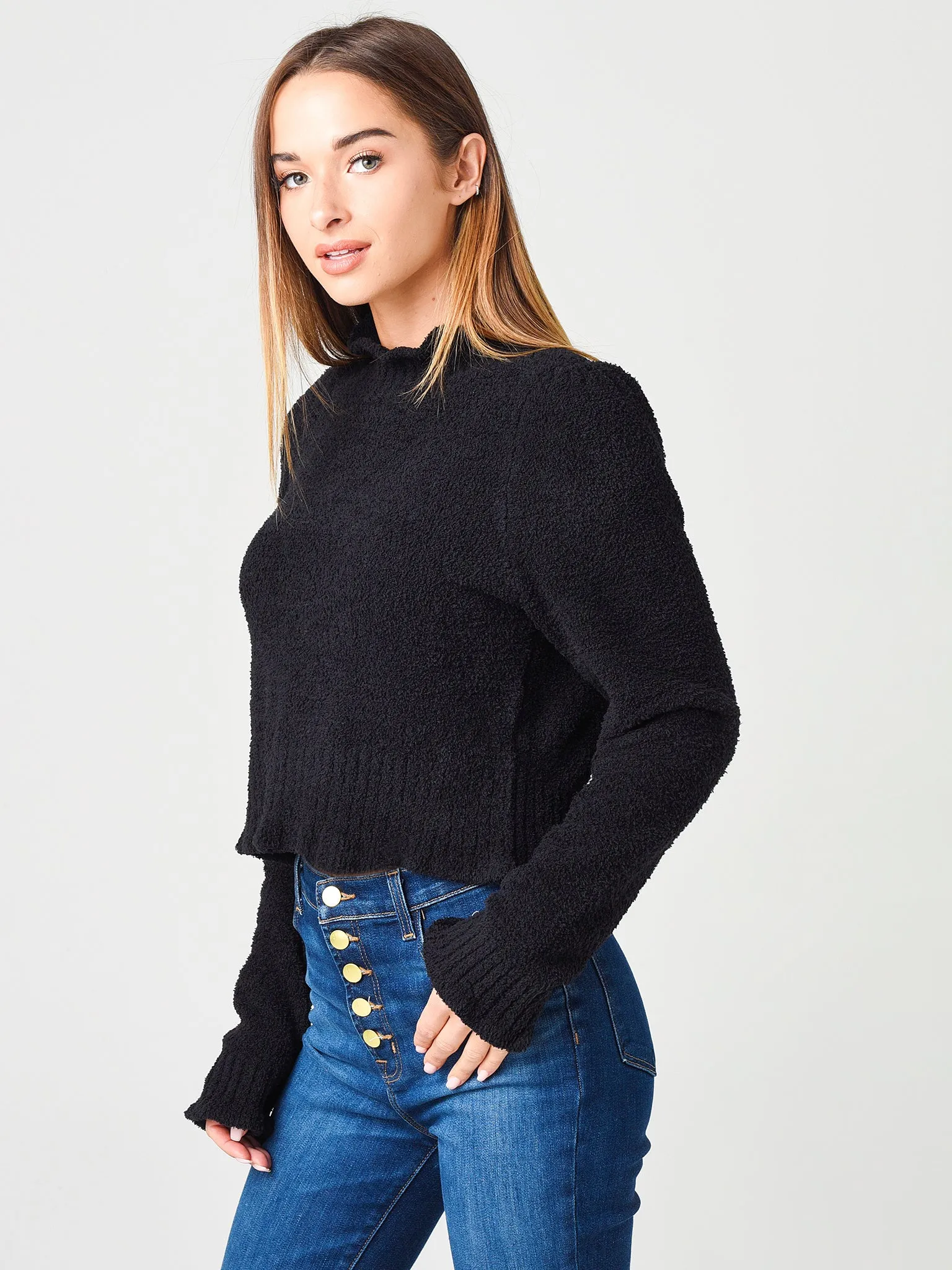 525 Women's Cropped Ruffle Mock Neck Sweater