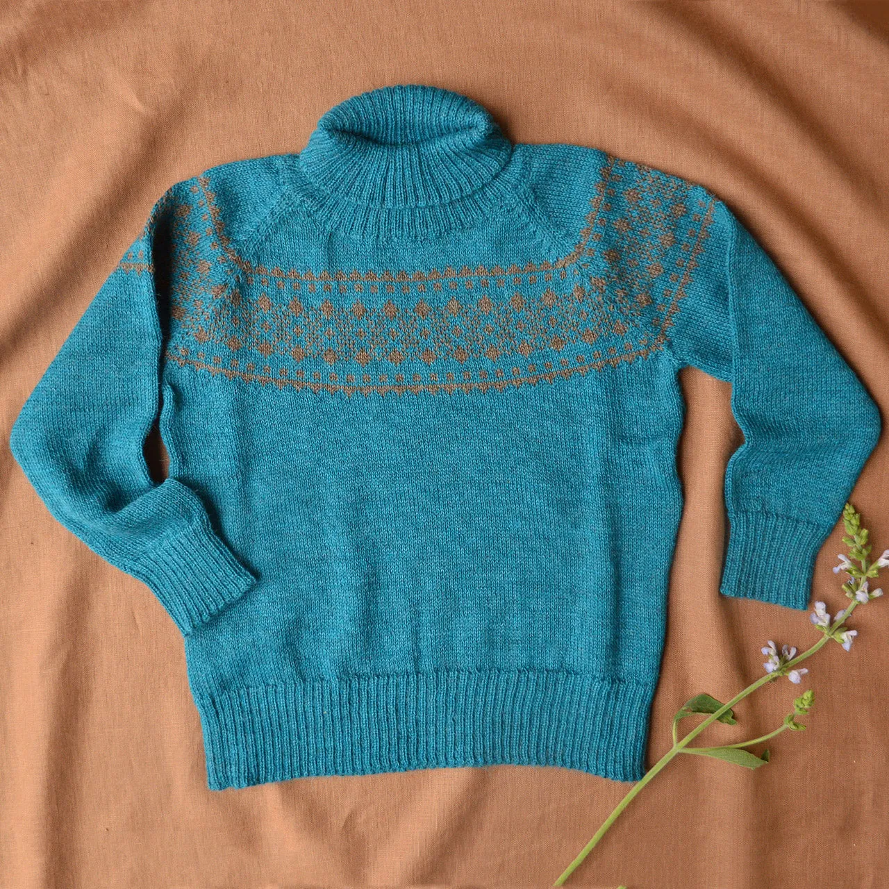 Alpine High Neck Sweater - 100% Baby Alpaca - Turquoise (18m-8y)