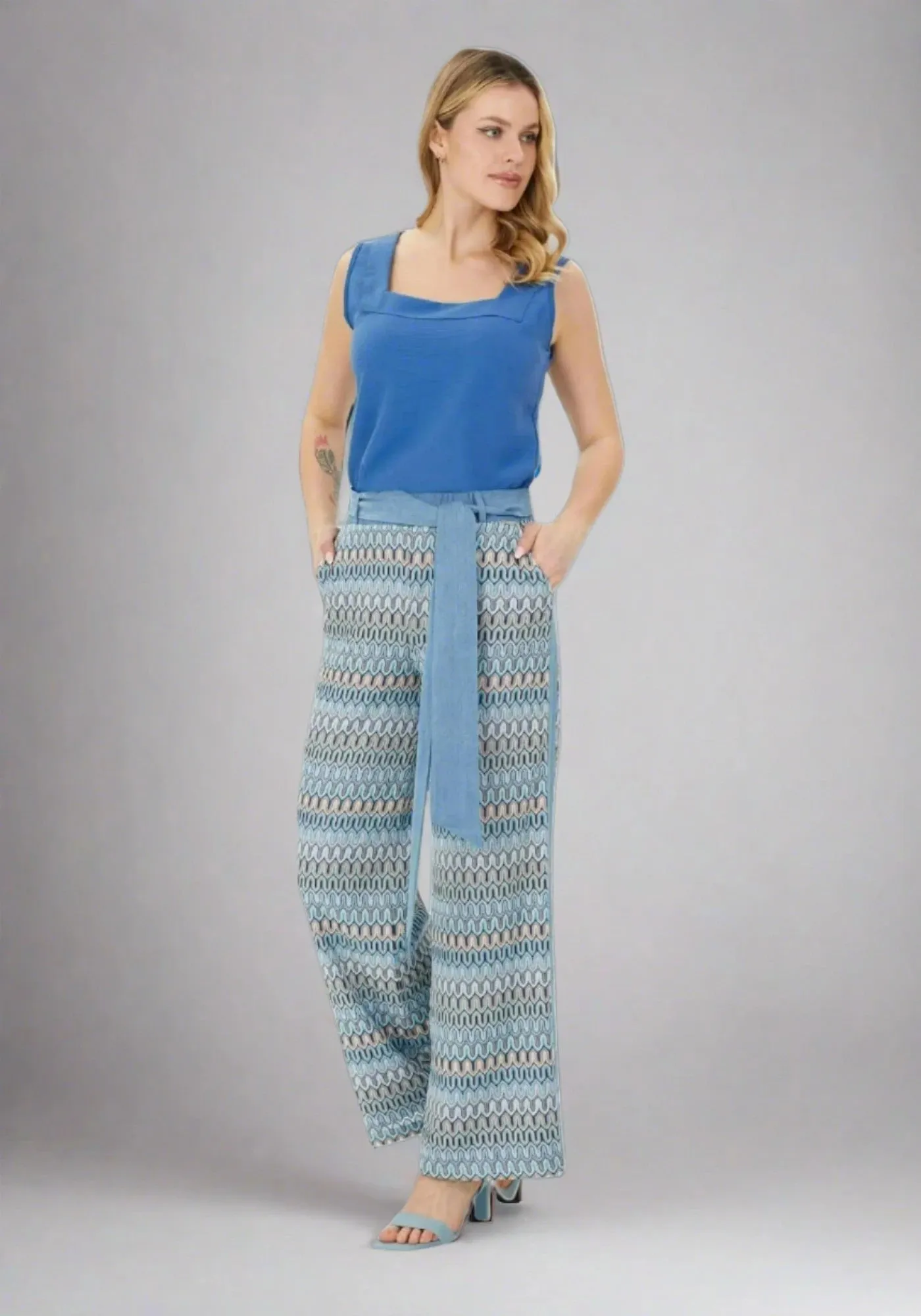 Blue and Colorful Pattern Wide-Leg High-Waist Pants with Belt