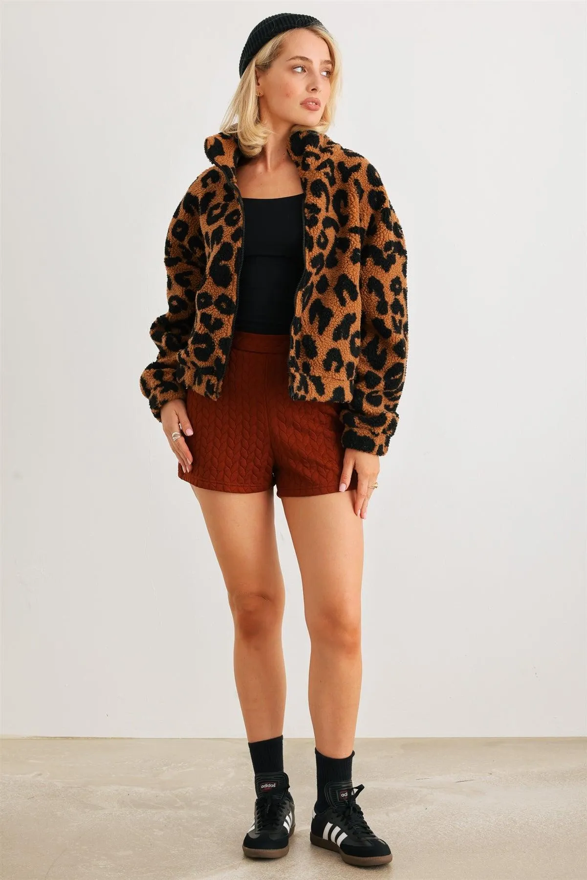 Camel Leopard Teddy Zip-Up Two Pocket Jacket /2-2-2