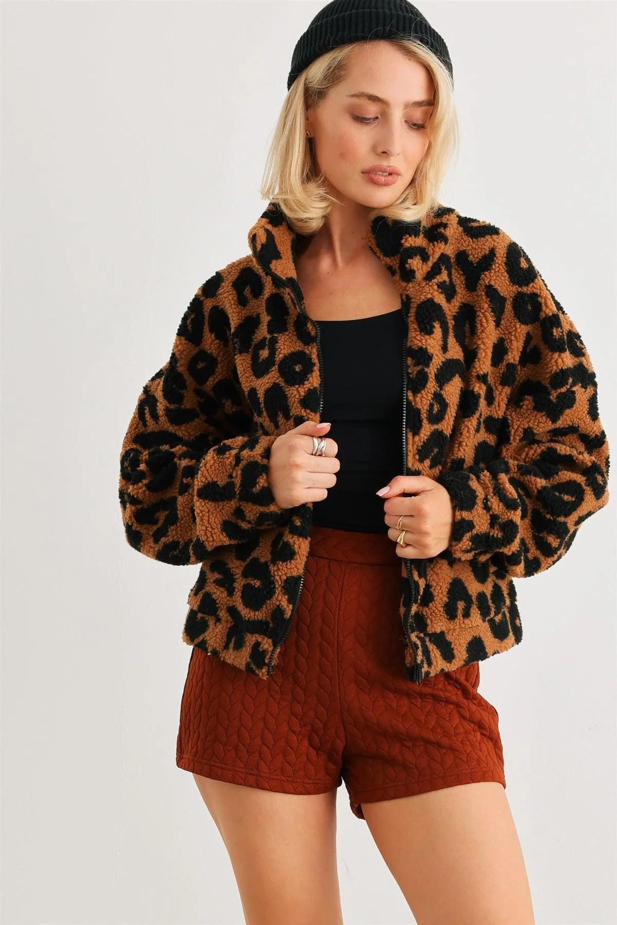 Camel Leopard Teddy Zip-Up Two Pocket Jacket /2-2-2