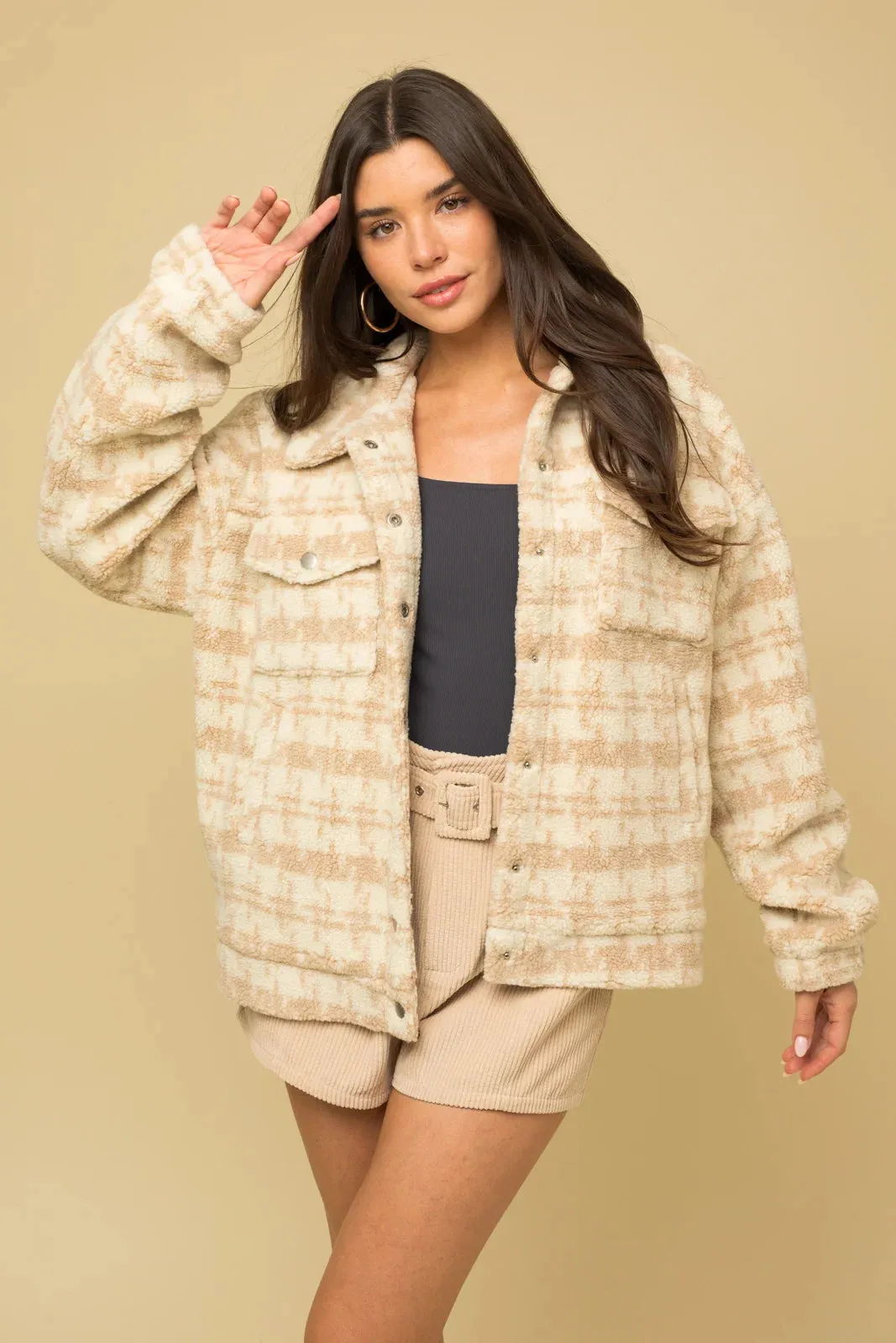 Cozy Plaid Houndstooth Oversized Shacket Jacket