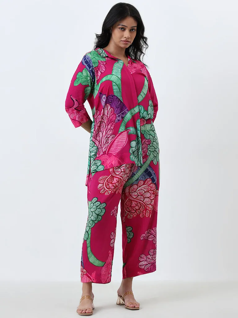 Diza Pink Floral Printed High-Rise Ethnic Pants