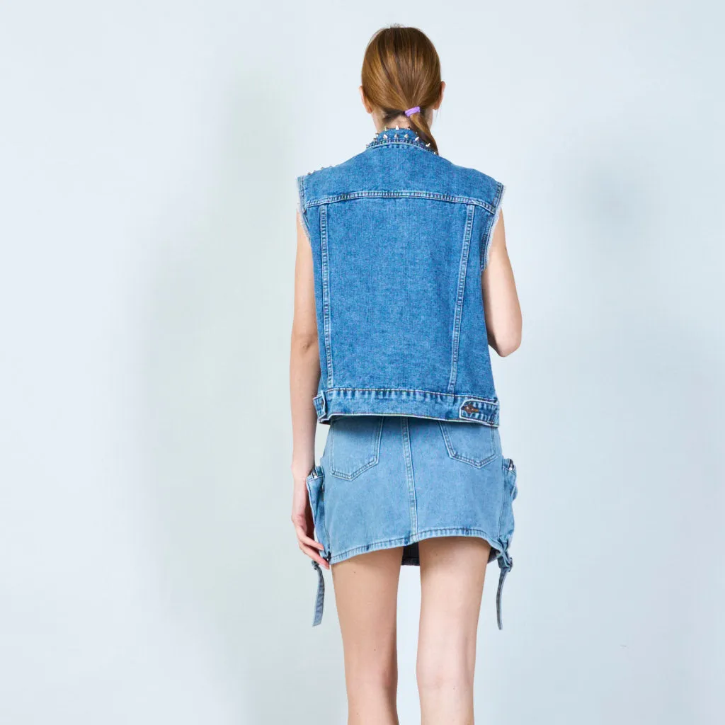 Edgy sleeveless denim jacket with stud embellishments wholesale