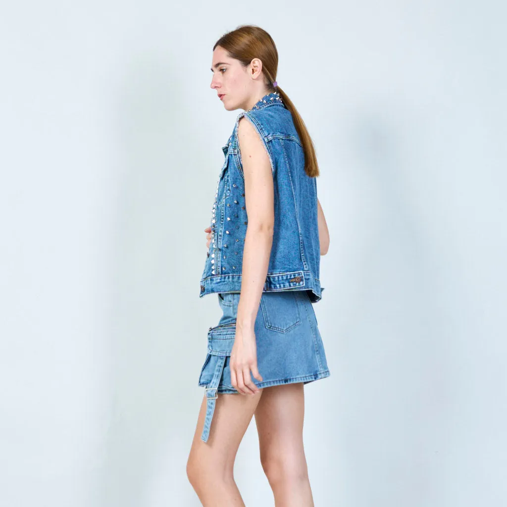 Edgy sleeveless denim jacket with stud embellishments wholesale