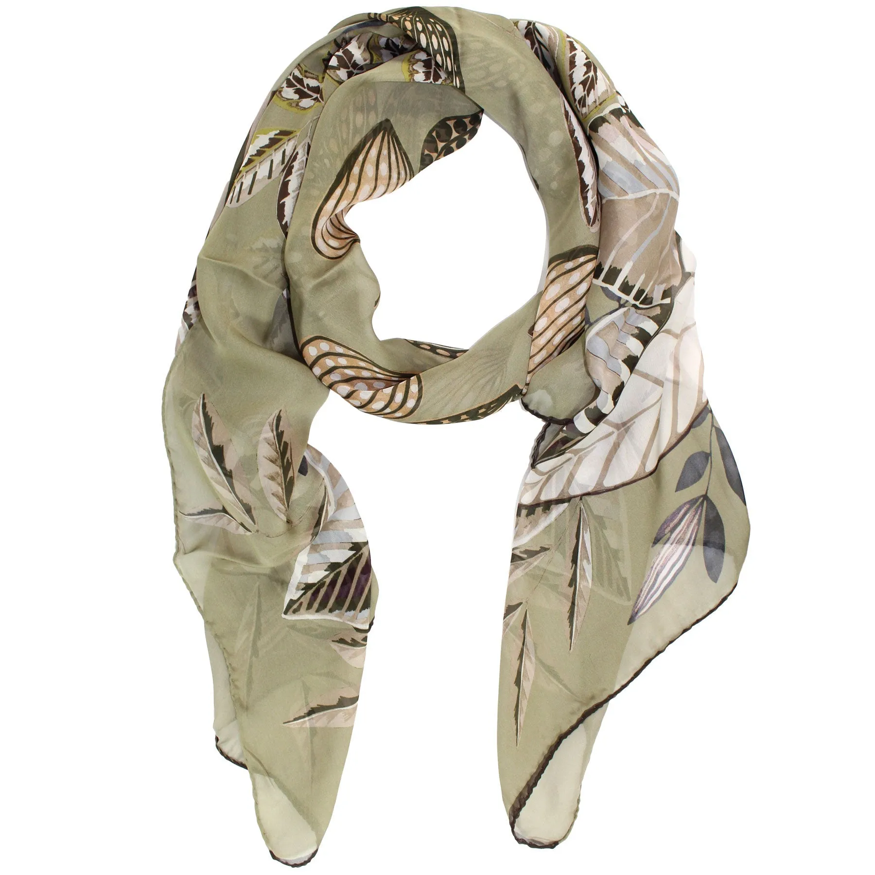 Elie Saab Scarf Olive Beige Leaves Design - Chiffon Silk Shawl SALE