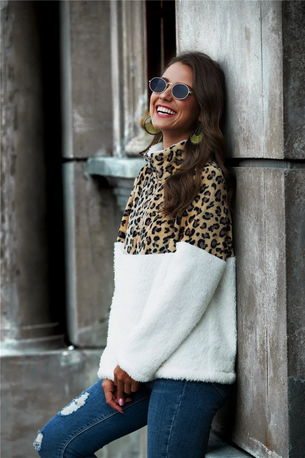 'Ella' Leopard Color Block Half-Zip Collar Teddy Sweatshirt