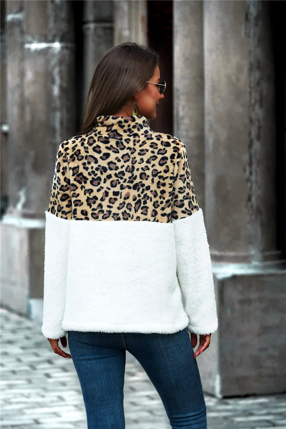 'Ella' Leopard Color Block Half-Zip Collar Teddy Sweatshirt