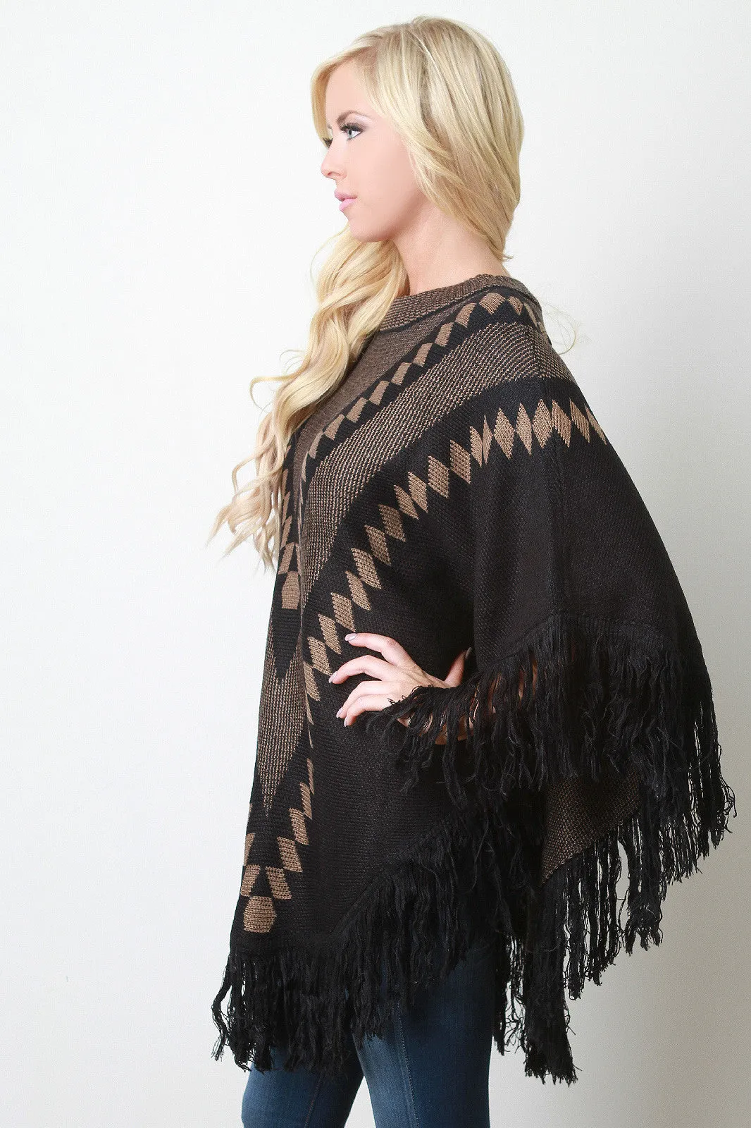 Fringe Hem Patterned Crew Neck Poncho