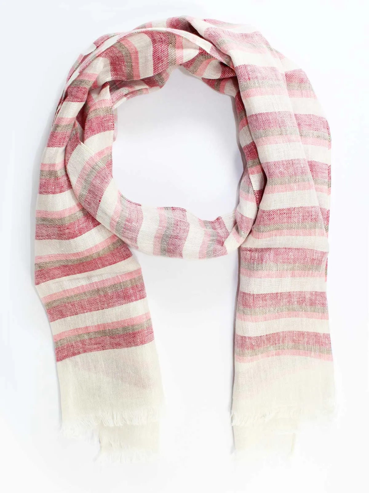 Kiton Linen Scarf Pink Cranberry White Stripes FINAL SALE