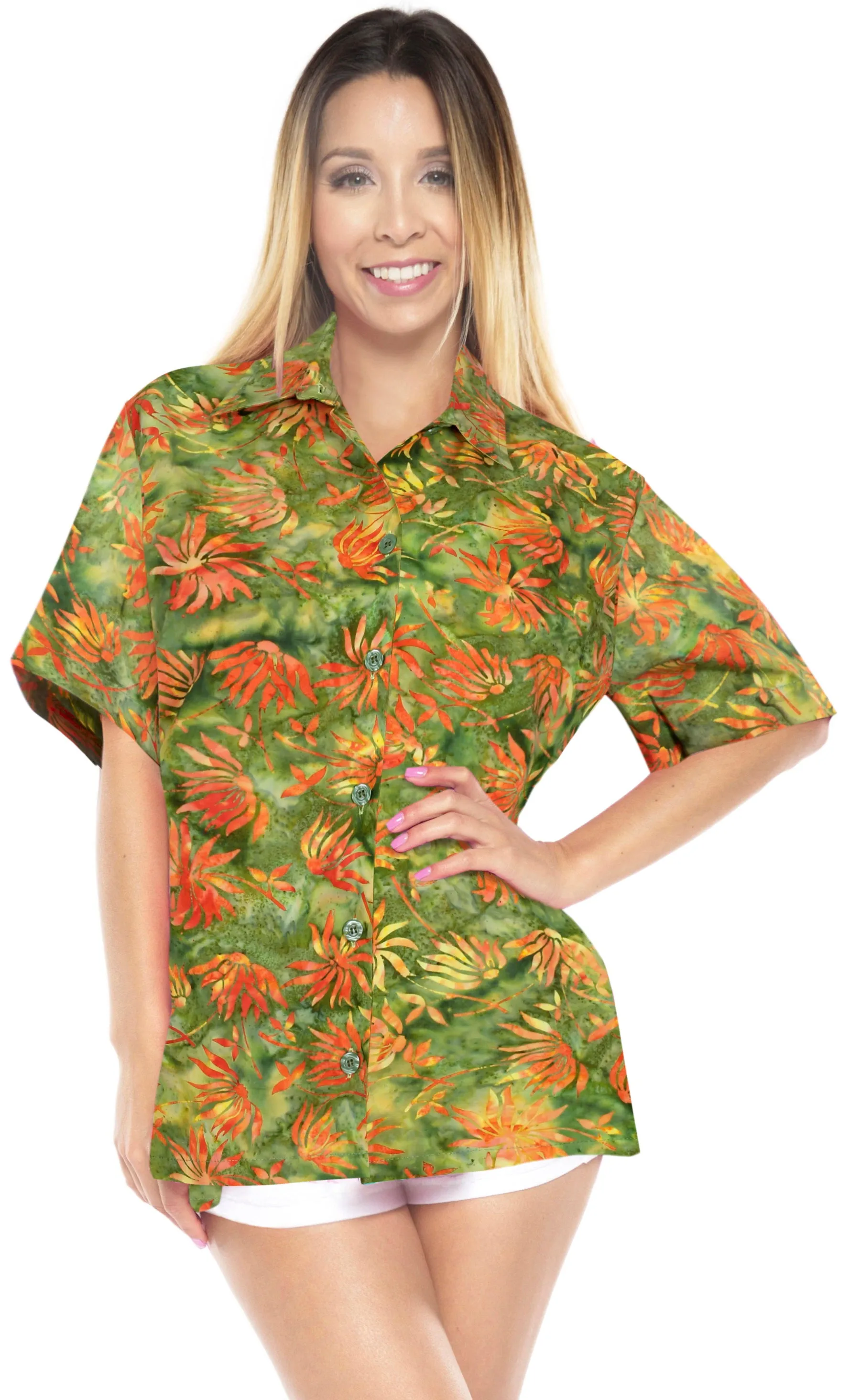 LA LEELA Women's Beach Button Down Short Sleeve Casual Floral hand printed 100% cotton Blouse Green