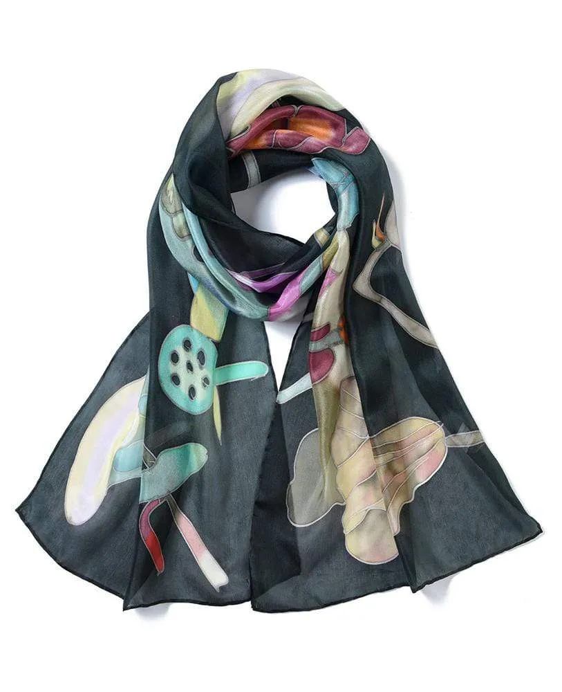 Long Hand Painted Silk Scarf - Black Lotus