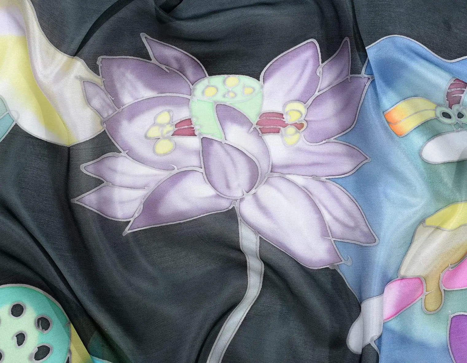 Long Hand Painted Silk Scarf - Black Lotus