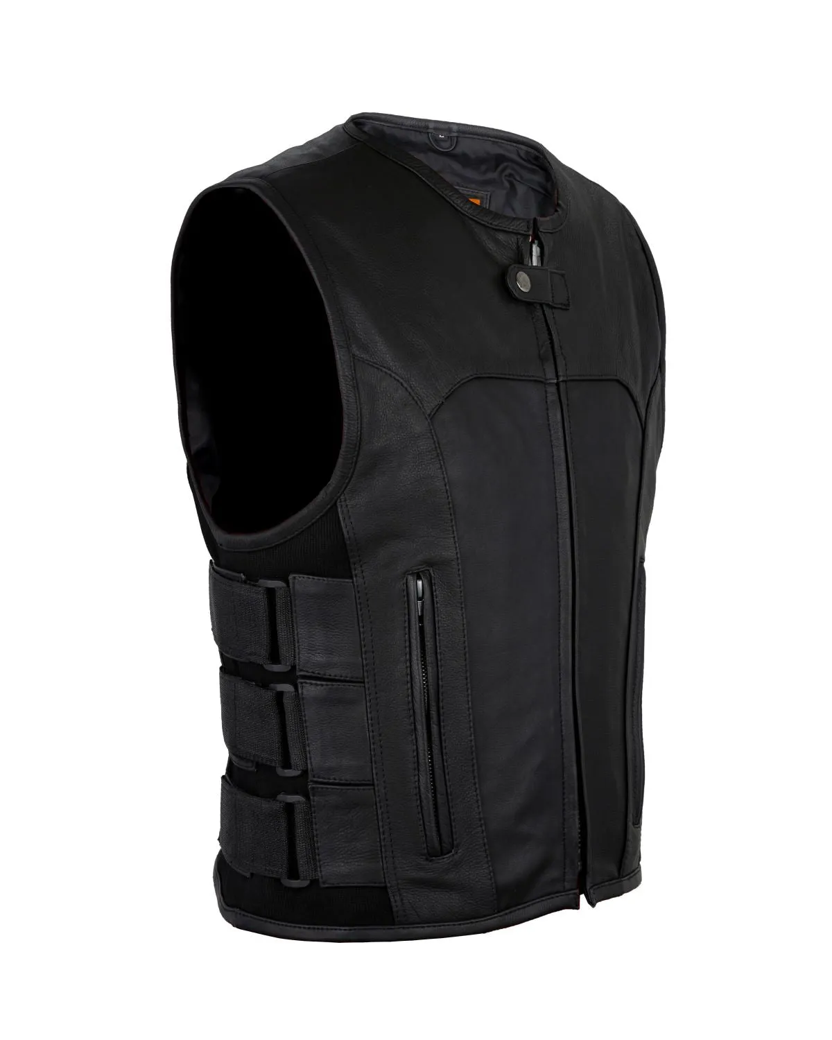 Men's Black Bullet Proof Style Leather Vest with Straps on Side