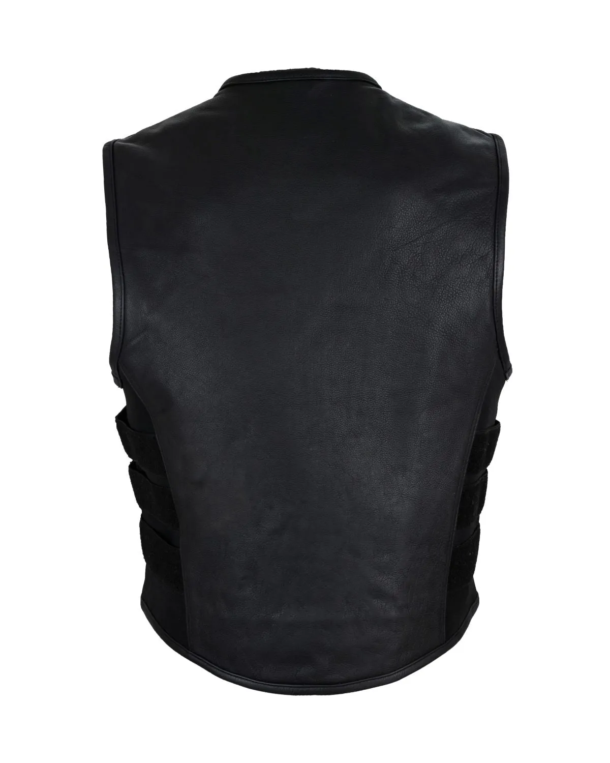 Men's Black Bullet Proof Style Leather Vest with Straps on Side