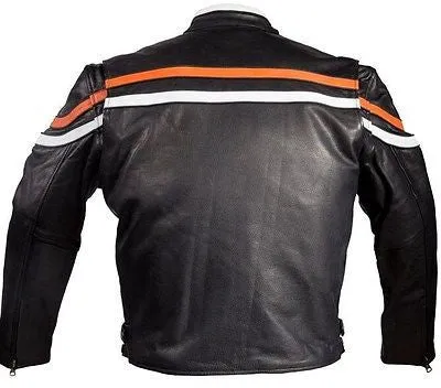 MEN'S MOTORCYCLE SCOOTER REAL LEATHER JACKET WITH ORANGE STRIP REVERSIBLE