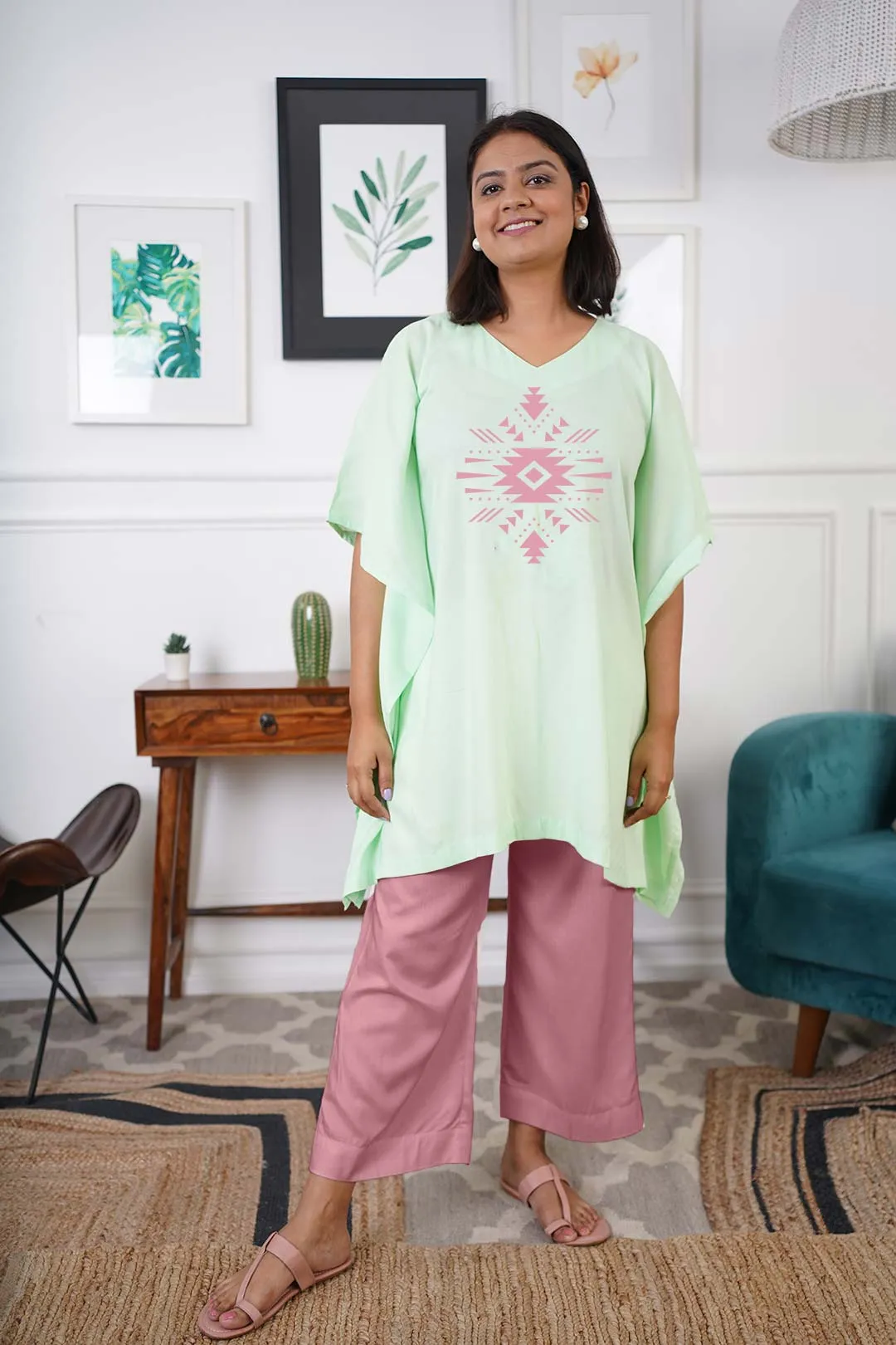 Mint Rayon Kurti & Blush Palazzo - Nazakat