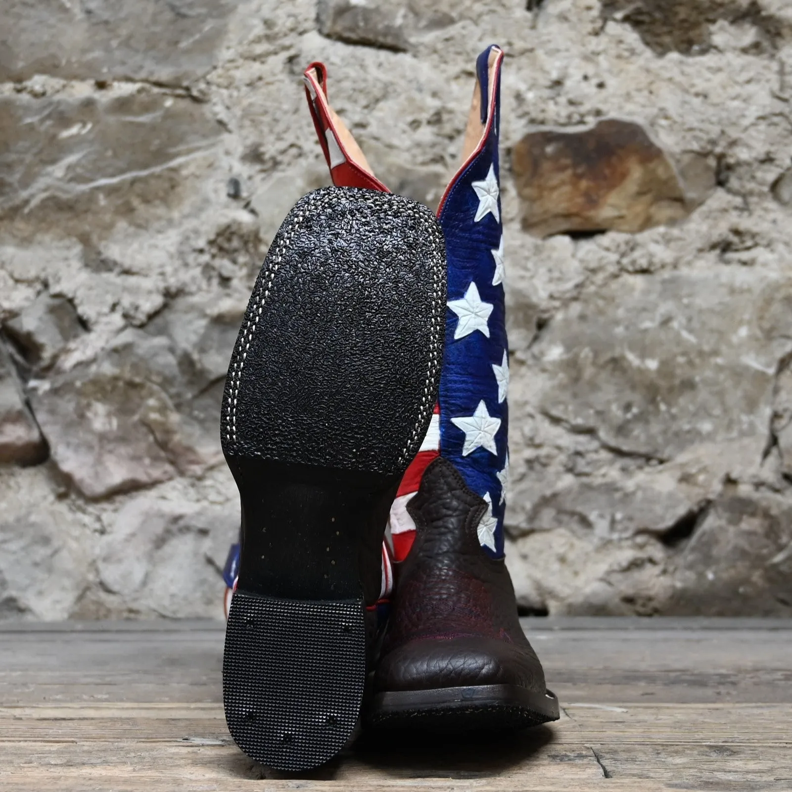 Nutted Calf Men's 16" USA Boot with Chocolate Bullhide Vamp, Tooled Red-White-Blue Stars & Stripes Top