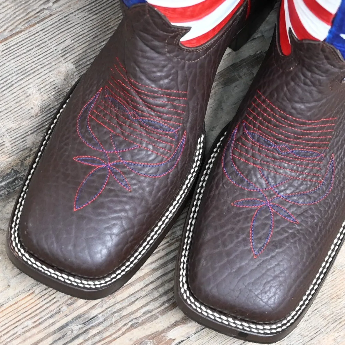 Nutted Calf Men's 16" USA Boot with Chocolate Bullhide Vamp, Tooled Red-White-Blue Stars & Stripes Top