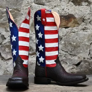 Nutted Calf Men's 16" USA Boot with Chocolate Bullhide Vamp, Tooled Red-White-Blue Stars & Stripes Top