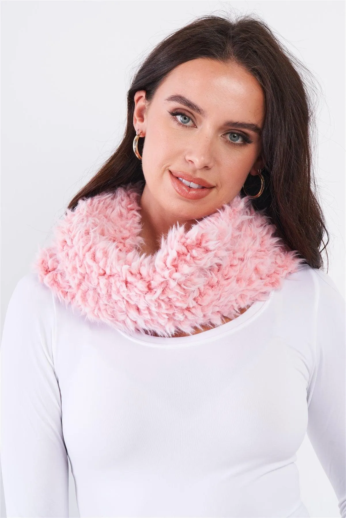 Pink Fluffy Faux Fur Infinity Winter Scarf /3 Pieces