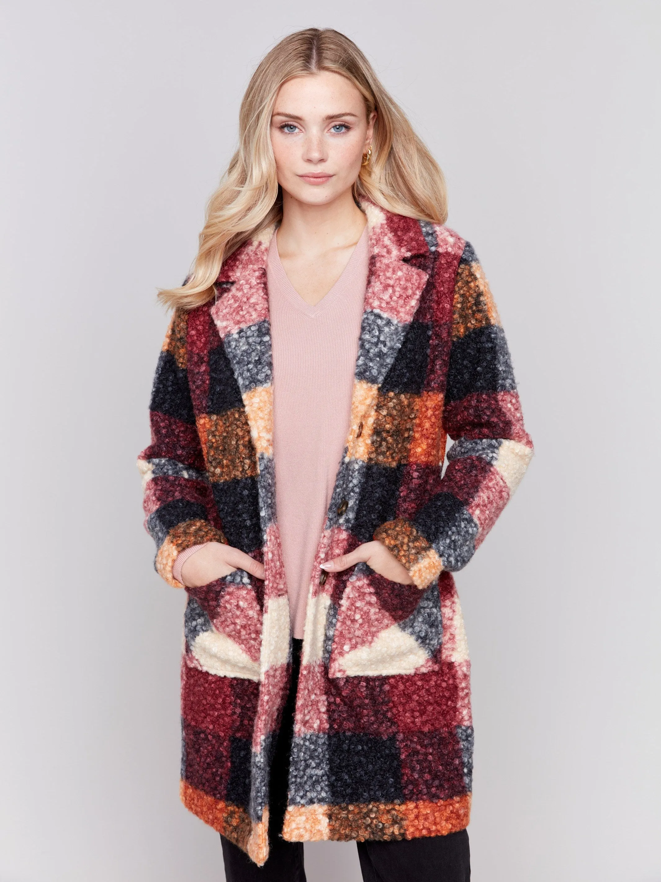 Plaid Bouclé Knit Coat - Cabernet