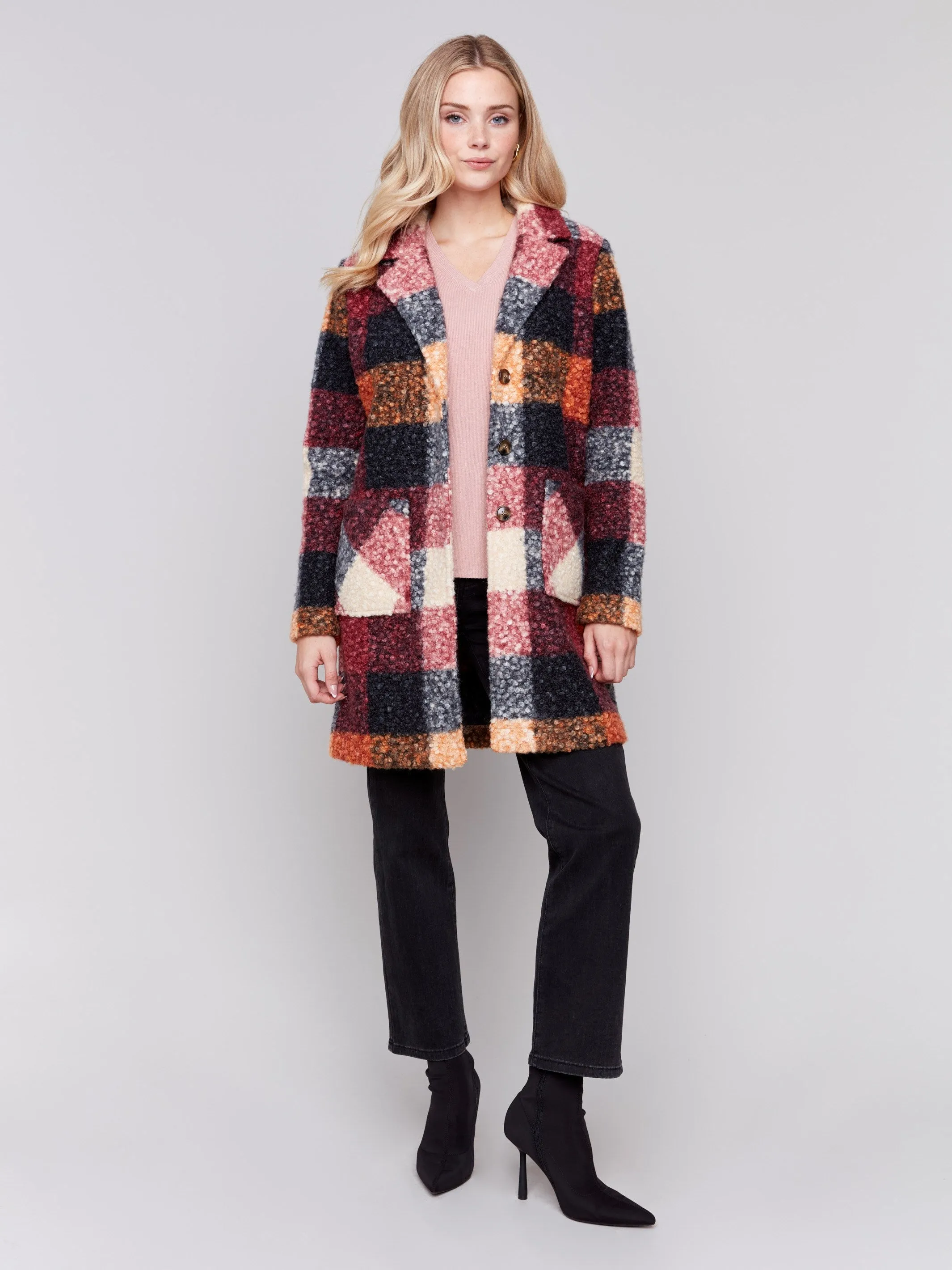 Plaid Bouclé Knit Coat - Cabernet