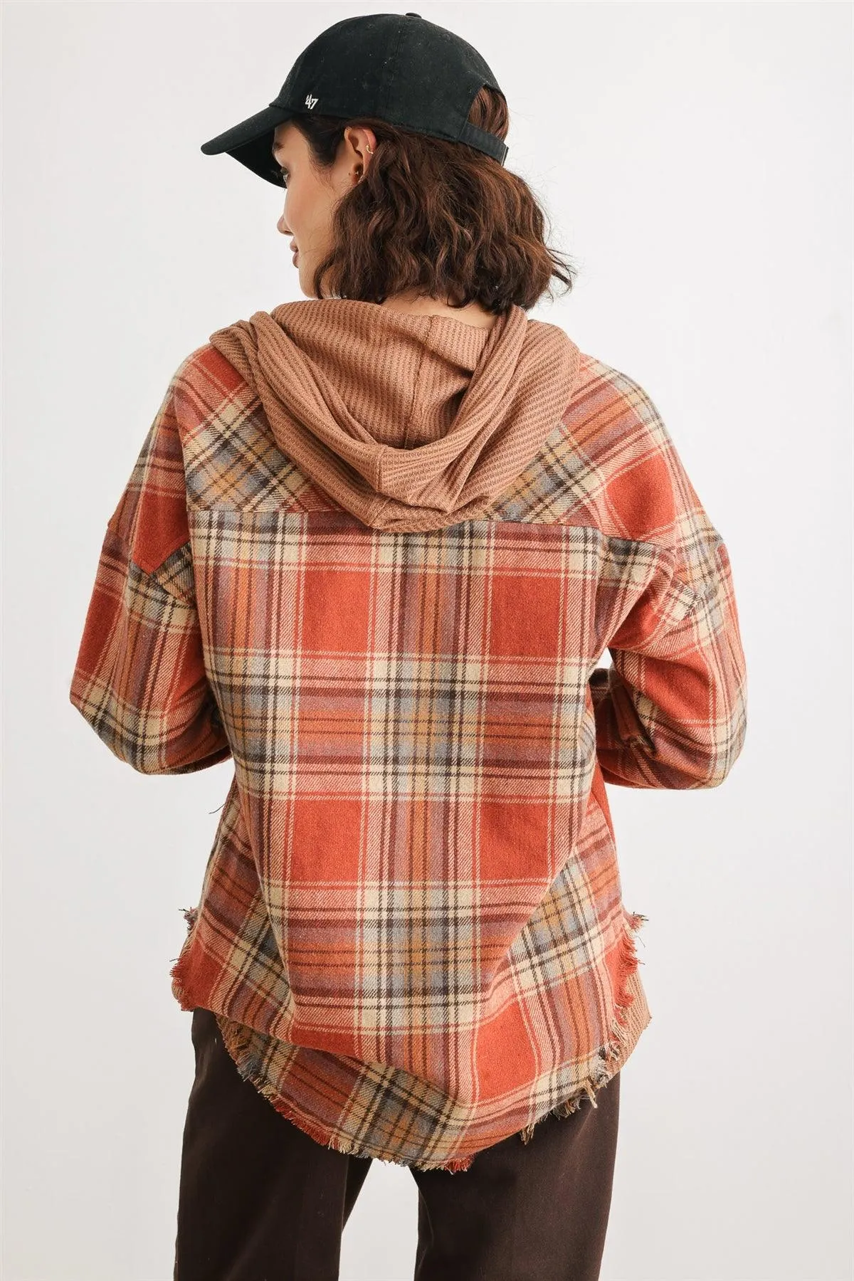 Rust Plaid Button-Up Long Sleeve Hooded Trim Hem T-Shirt Style Jacket /2-2-2