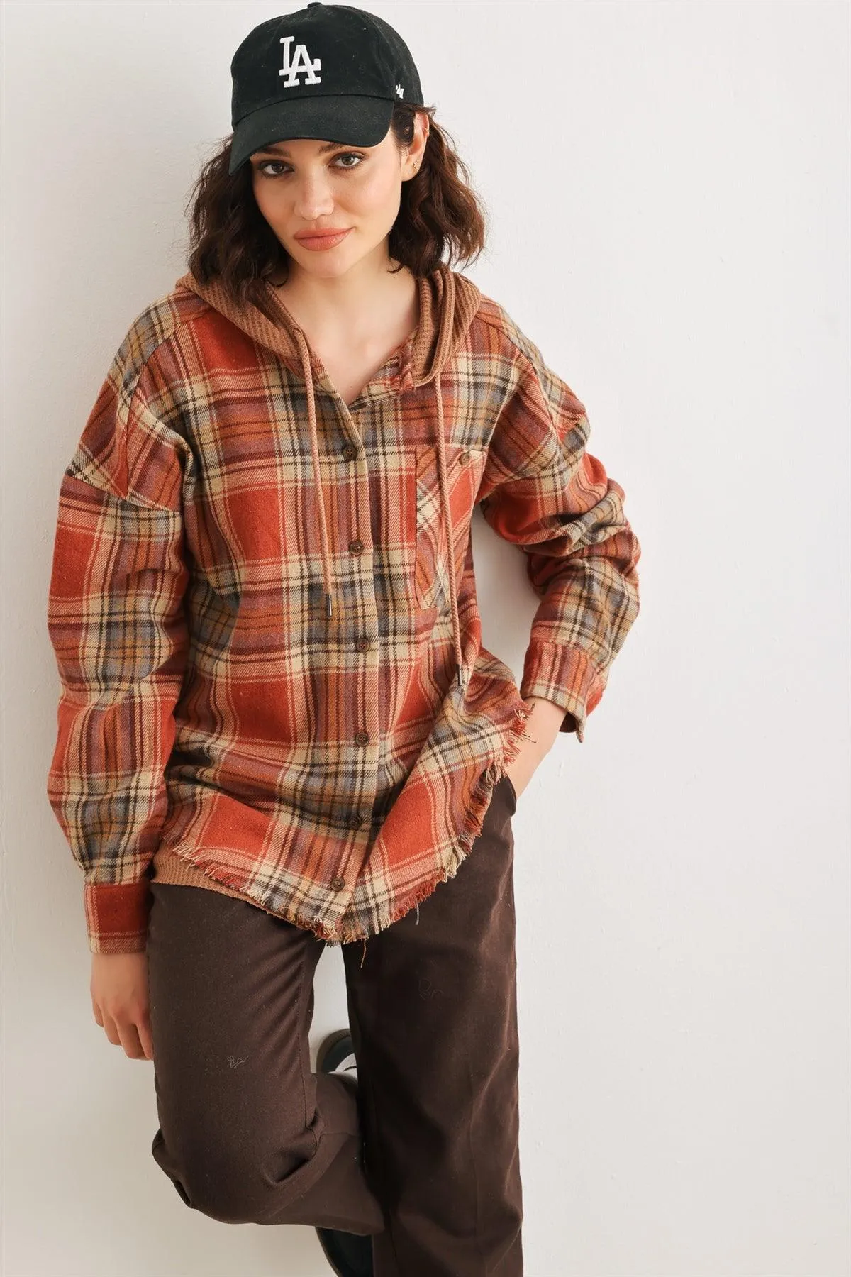 Rust Plaid Button-Up Long Sleeve Hooded Trim Hem T-Shirt Style Jacket /2-2-2