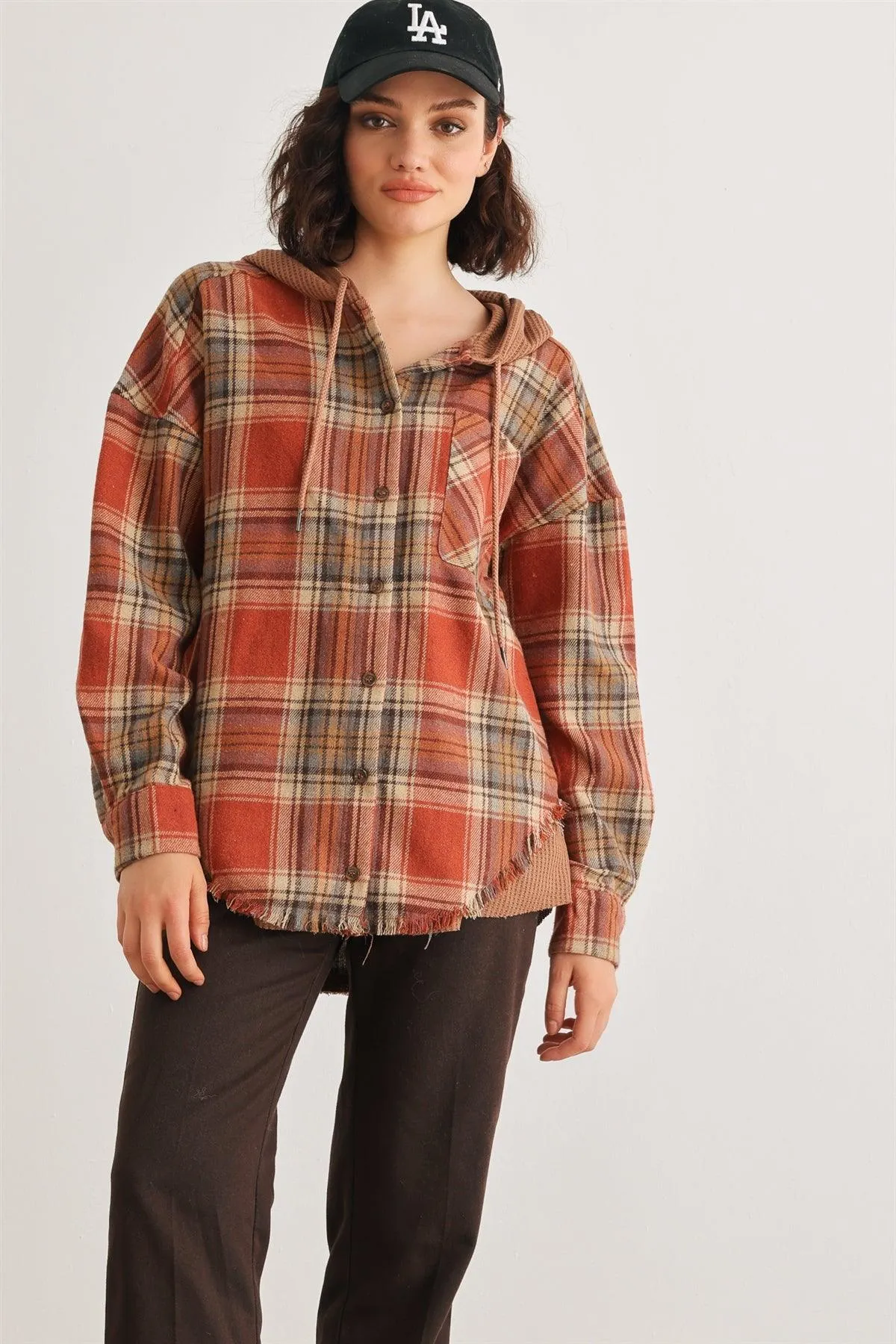 Rust Plaid Button-Up Long Sleeve Hooded Trim Hem T-Shirt Style Jacket /2-2-2