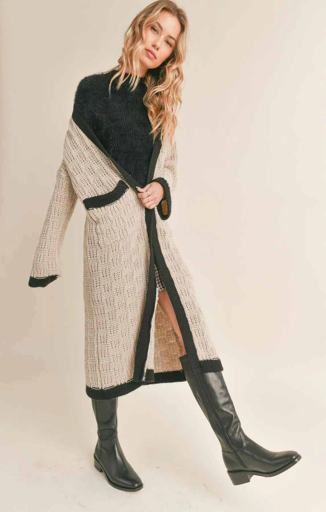 Sadie & Sage Zenni Textured Knit Long Cardigan in Taupe