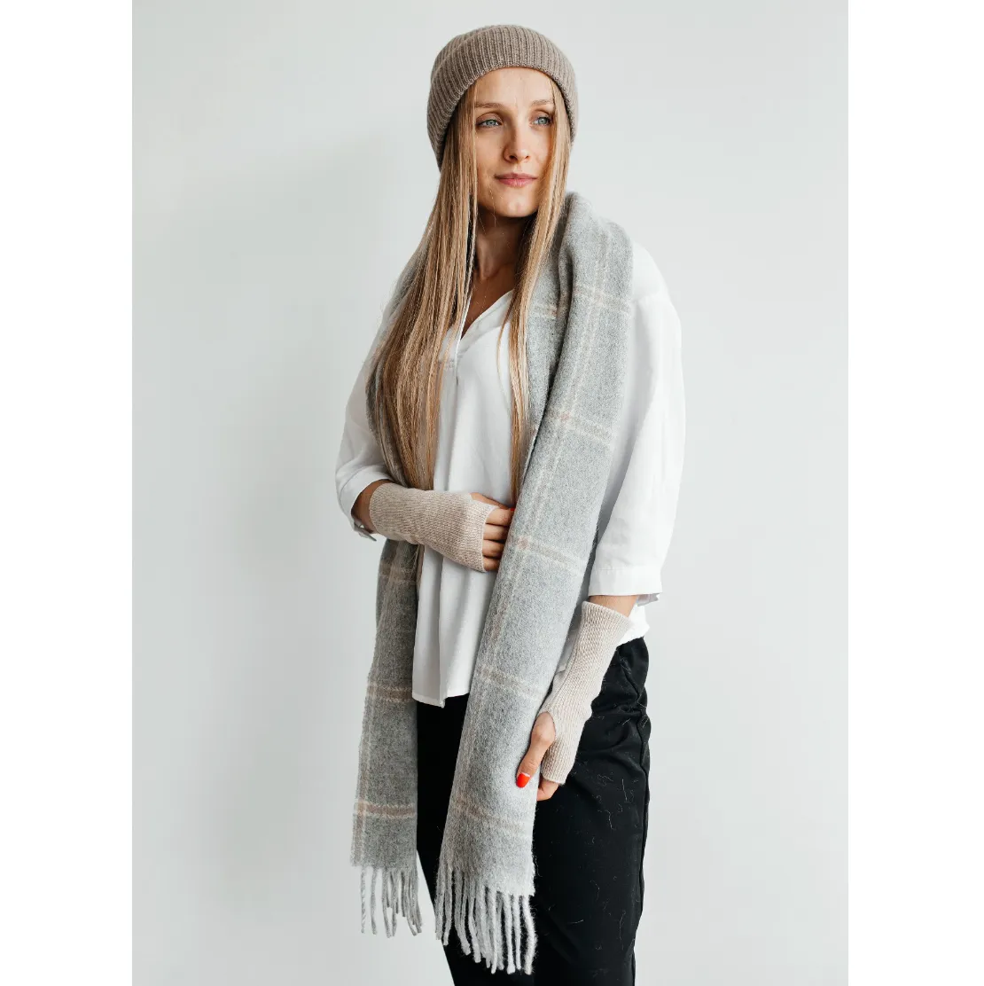 Stowe Alpaca Light Grey Plaid Scarf