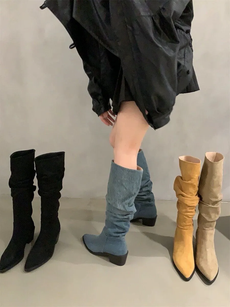 Stylish Suede Knee-High Boots for Women, Black Slouch Low Heel Boots, Kahki Point Toe Slouchy Suede Heel Boots, Size 35 36 37 38 39 40