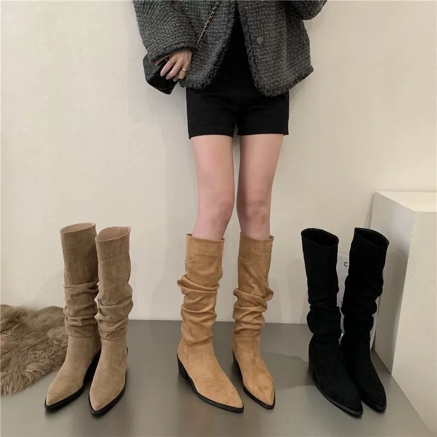 Stylish Suede Knee-High Boots for Women, Black Slouch Low Heel Boots, Kahki Point Toe Slouchy Suede Heel Boots, Size 35 36 37 38 39 40