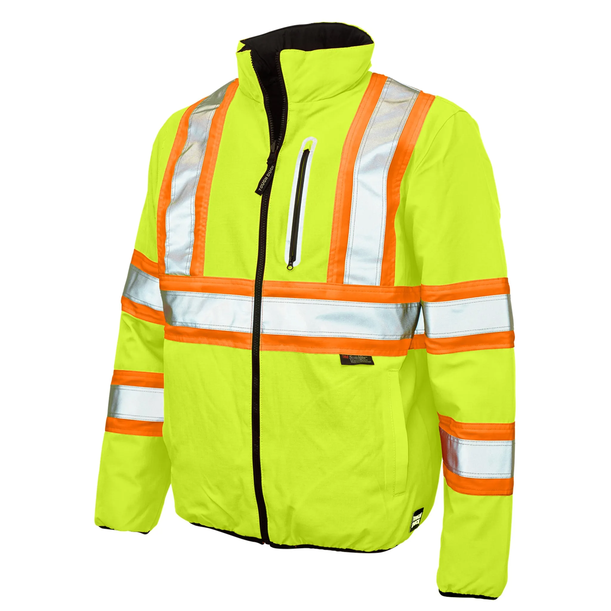 Tough Duck Men's Hi Vis Safety Work Jacket SJ27 - CSA Poly 300D Ripstop Reversible Reflective Gear | Sizes XS-5XL