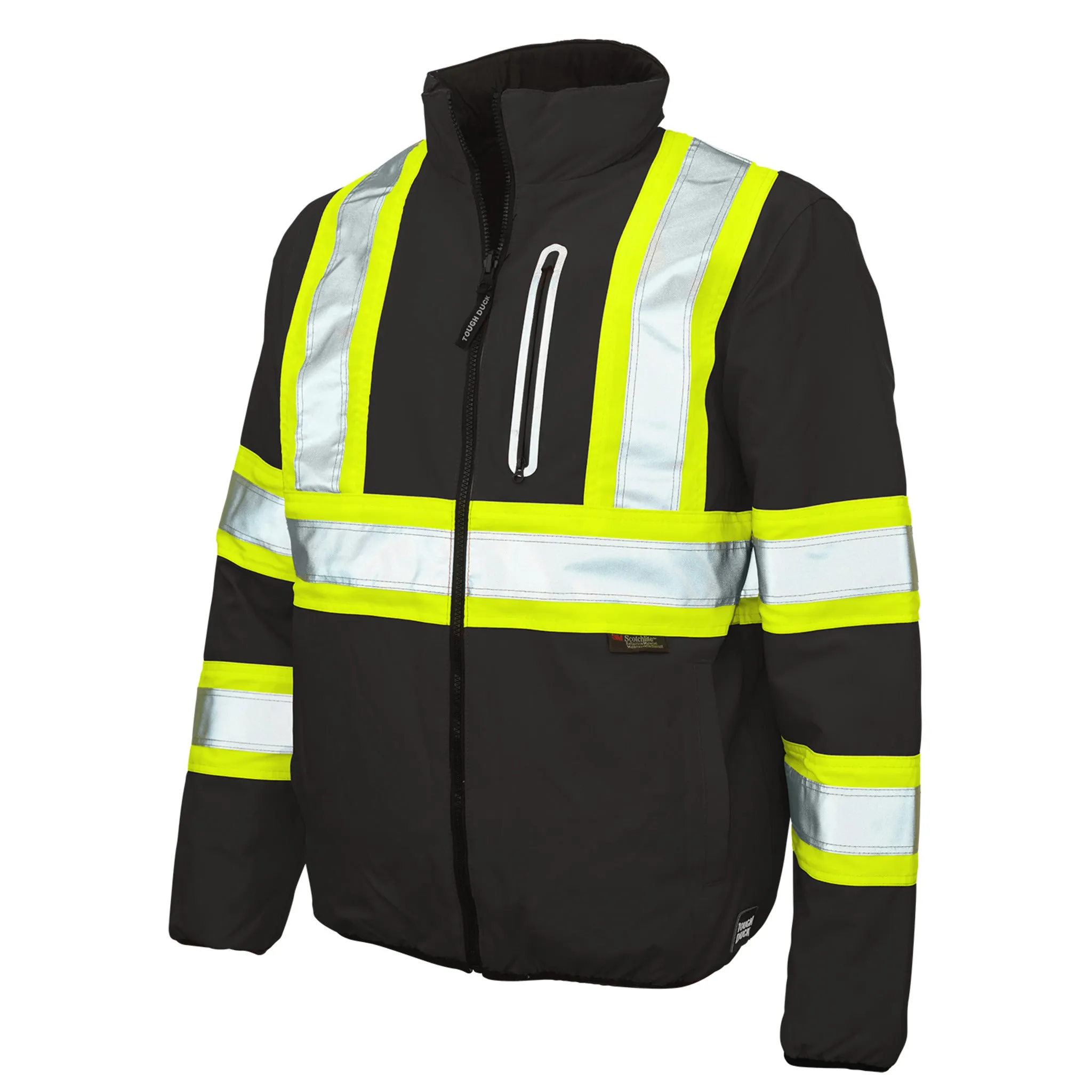 Tough Duck Men's Hi Vis Safety Work Jacket SJ27 - CSA Poly 300D Ripstop Reversible Reflective Gear | Sizes XS-5XL