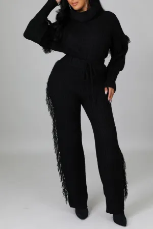 Turtle Neck Cable Knit Sweater And Tasseled Pants Set - Black