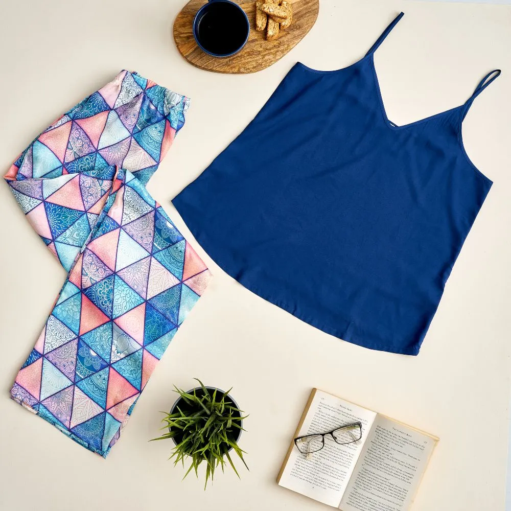 Women summer pajama set Dark Blue top  Triangle Pants