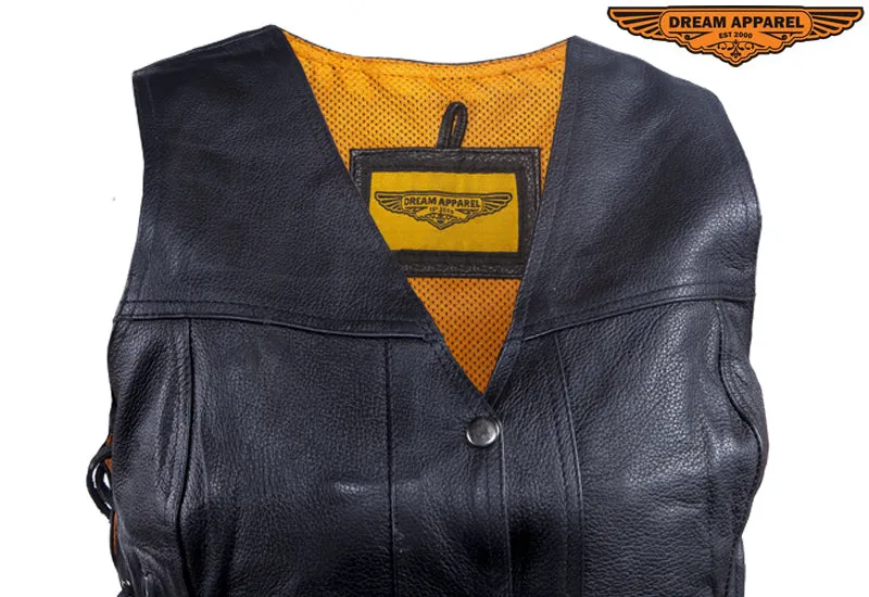 Womens Cowhide Leather Motorcycle Vest With 7 Pockets