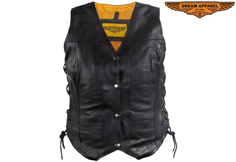 Womens Cowhide Leather Motorcycle Vest With 7 Pockets