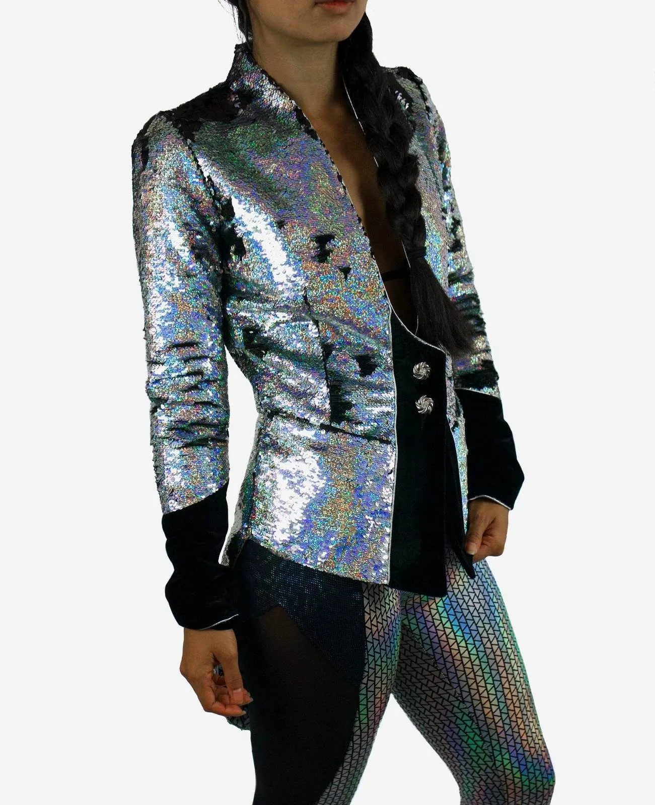 Womens Holographic Silver Sequin Tailcoat