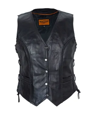 Womens Motorcycle Vest With Braid and Side Laces Conceal Gun Pockets