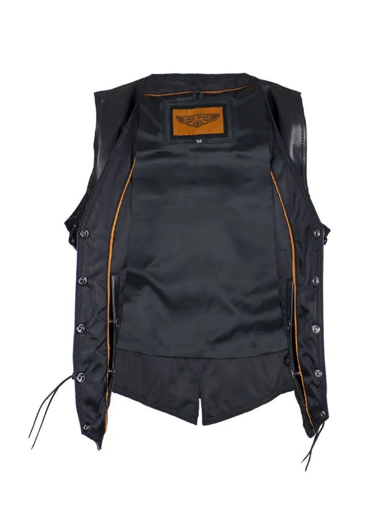 Womens Motorcycle Vest With Braid and Side Laces Conceal Gun Pockets